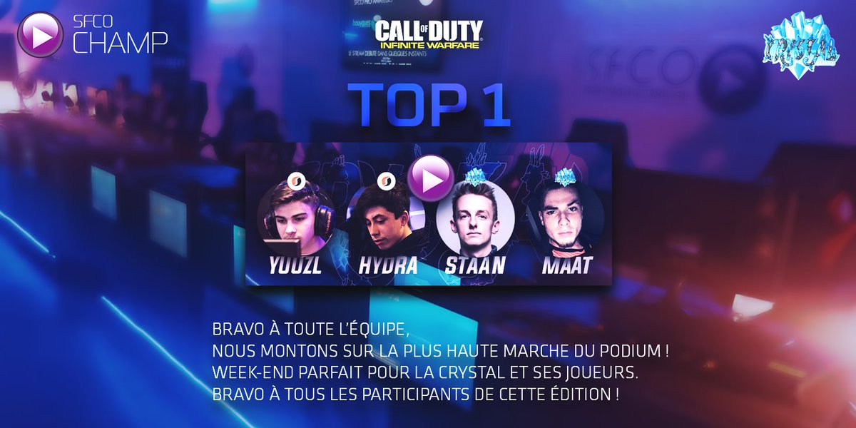 CrystalEsportFR's tweet photo. Un grand bravo à vous @CallmeMaat @StaanGT @Sy_HyDra @Sy_YuuzL pour ce TOP1 à la @SFCO_eSport !!

#CrystalFight 💪👊 https://t.co/6y7yTln1Jk