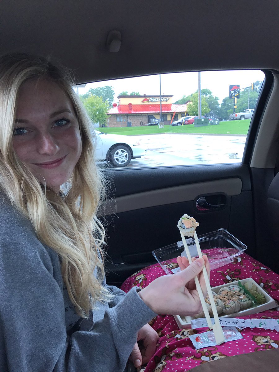 elliemarvin's tweet photo. Eating car sushi! #roadtripfood #highclass #watchwhereyoureputtingyourchopsticks #winninginwisconsin https://t.co/LsTfX9fqfV
