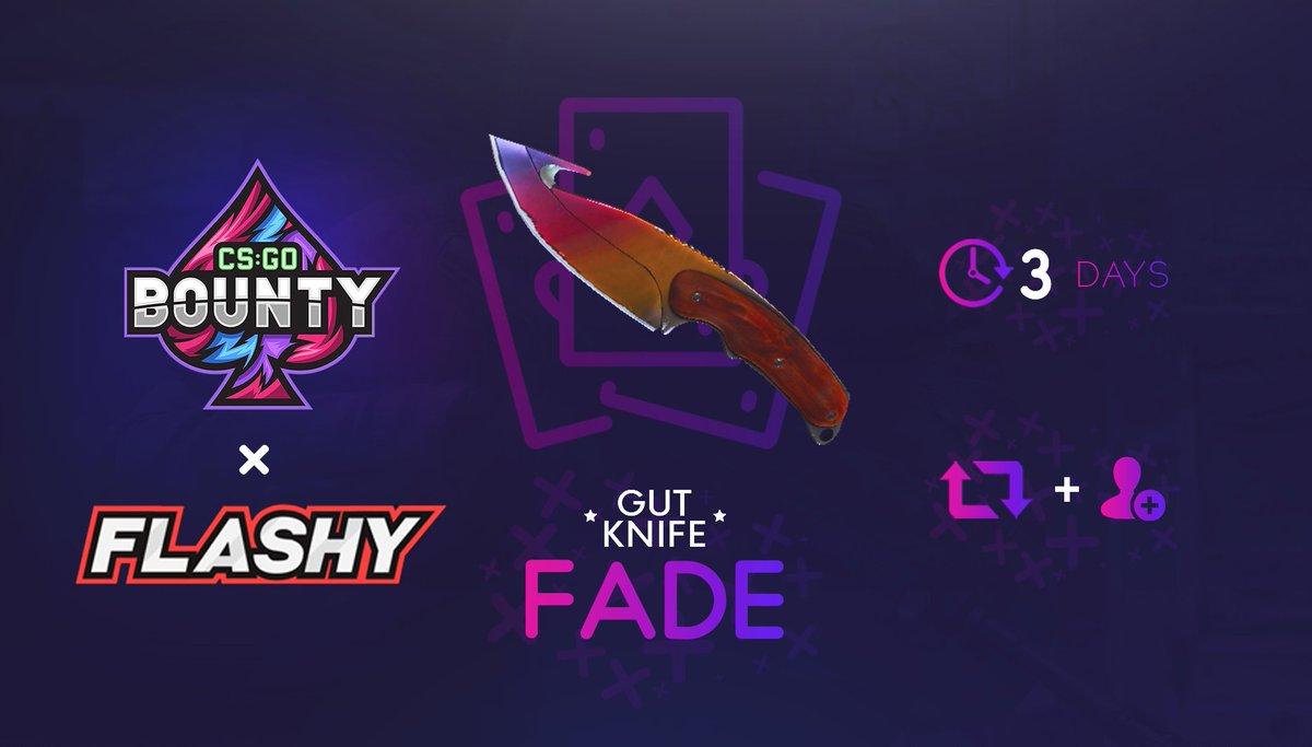 flashyflashycom's tweet photo. FADE KNIFE GIVEAWAY! ⭐️

To win:
✔️ RETWEET
✔️ Follow us &amp; @csgo_bounty 
✔️ Visit: https://t.co/Fonu6EuBpu

3 DAYS! https://t.co/JK0BDyn0g6