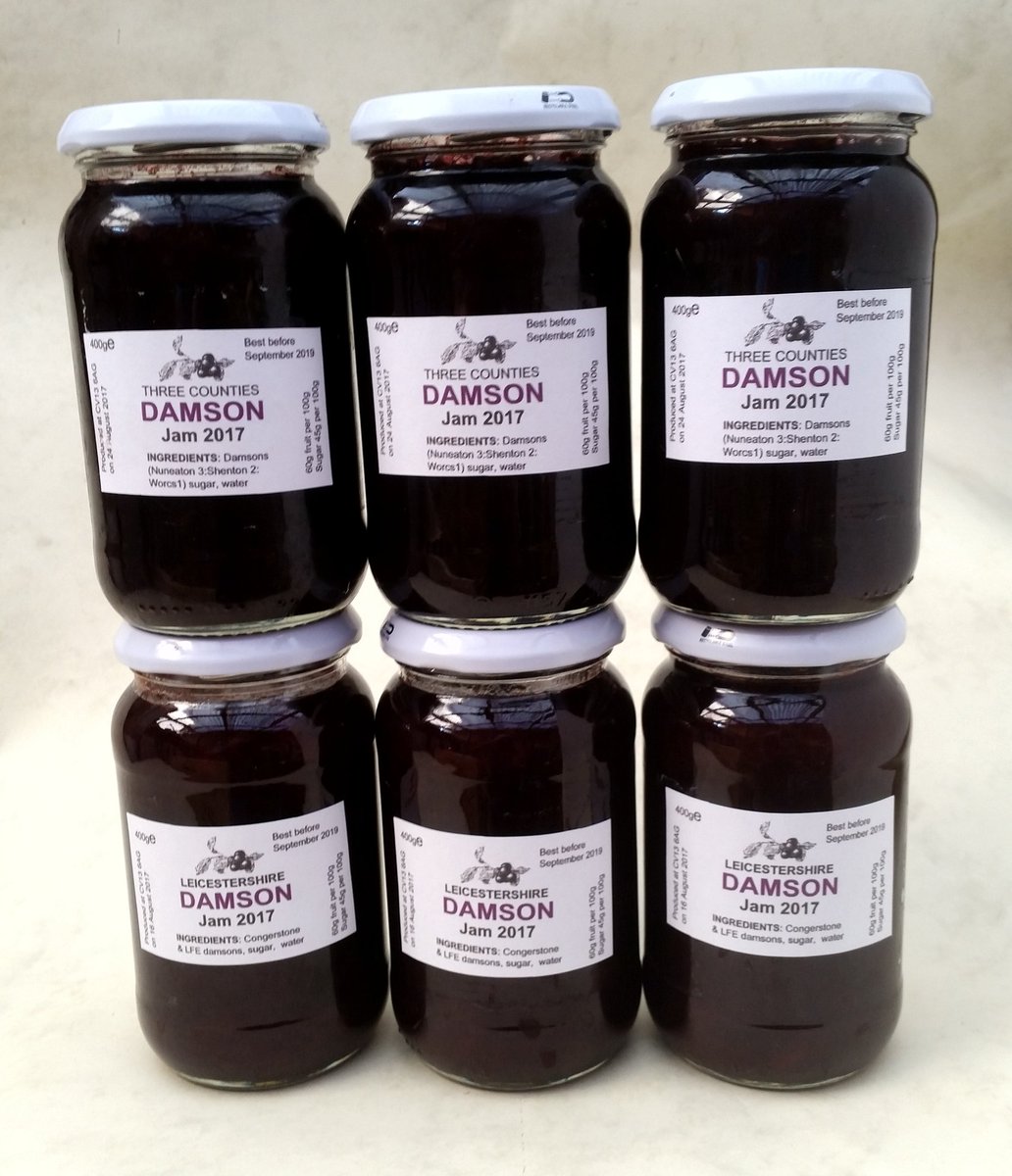 Damsonplums's tweet image. First batches of 2017's Damson Jam - 'Three Counties'; and 'Leicestershire' #softsetnowbutwillfirmup #recycledjars #storedarkandcool