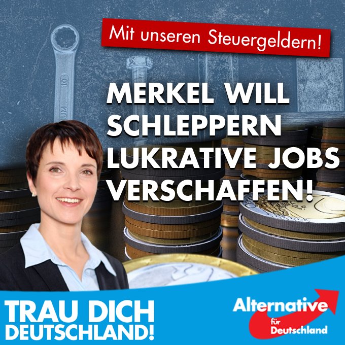 FraukePetry's tweet photo. #Merkel will mit unseren Steuergeldern Arbeit für Schlepper in Afrika schaffen?
https://t.co/ciw3V01Dab🚩
#TrauDichDeutschland #AfD #Btw17* https://t.co/BdgrXwsc0k