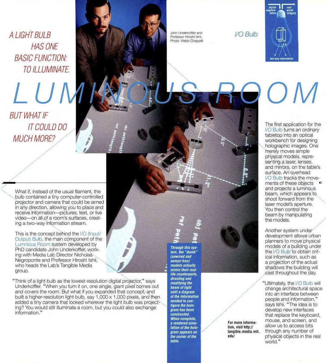 ishii_mit's tweet photo. 【光影】#LuminousRoom 1997 by Dr. John Underkoffler, the 1st Ph.D. from @tangible_media Group @medialab  - MIT Media Lab #FRAMES #72 Dec 1997 https://t.co/9uBWHBEeKr