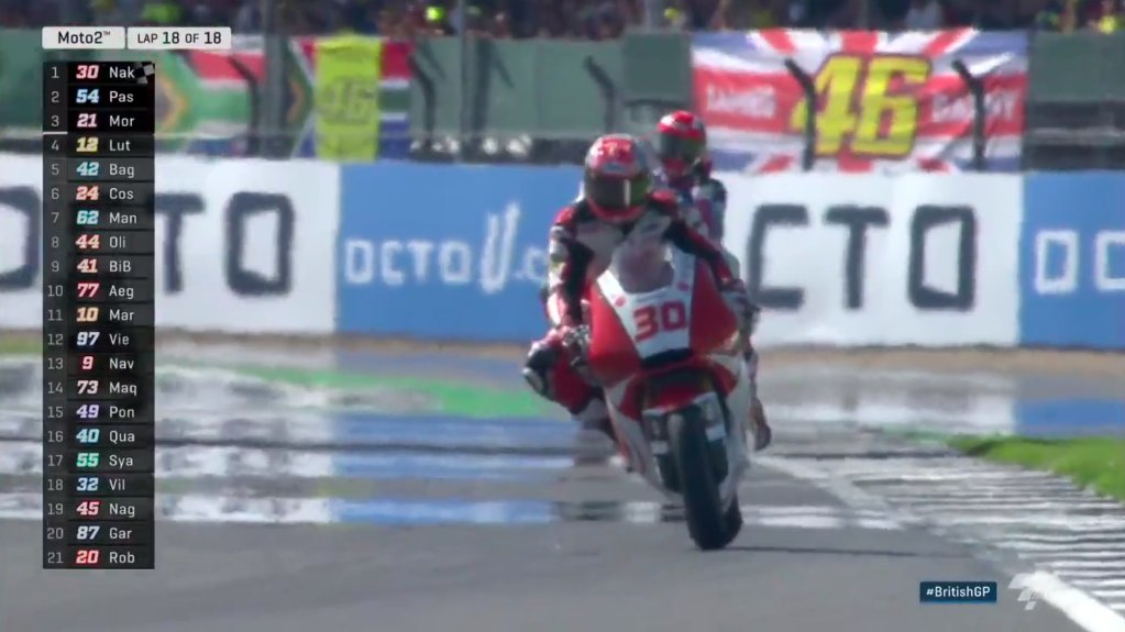 MotoGP's tweet photo. 🏁 #Moto2 Race

@takanakagami30 holds off a late charge from @MattiaPasini to take the win with @FrankyMorbido12 in third 👊 #BritishGP https://t.co/1XhxfhAdhF