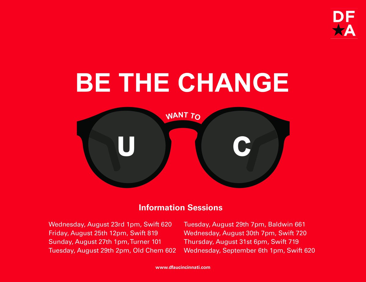 DFA_UC's tweet photo. Welcome to the new semester! Come check us out at one of our info sessions: the next one is TODAY at 1pm in Turner 101 (just off the lobby) https://t.co/0cwEGrBMNV