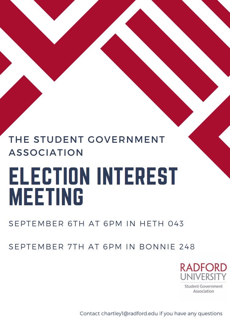 radfordSGA's tweet photo. Want to get involved in the SGA? Come out to our interest meetings! #RU21 #RUSGA https://t.co/ofEdxTBET2