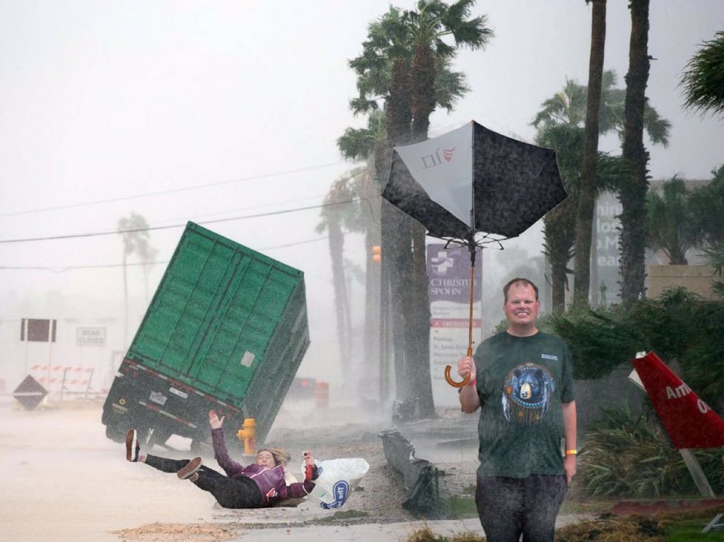 Here is a picture edit of me with a umbrella upside down during hurricane Harvey.