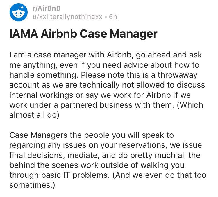 Reddit #AMA (Ask Me Anything) from an Airbnb Case Manager. 

Ask questions that would NOT get answered officially 🤐

reddit.com/r/AirBnB/comme…