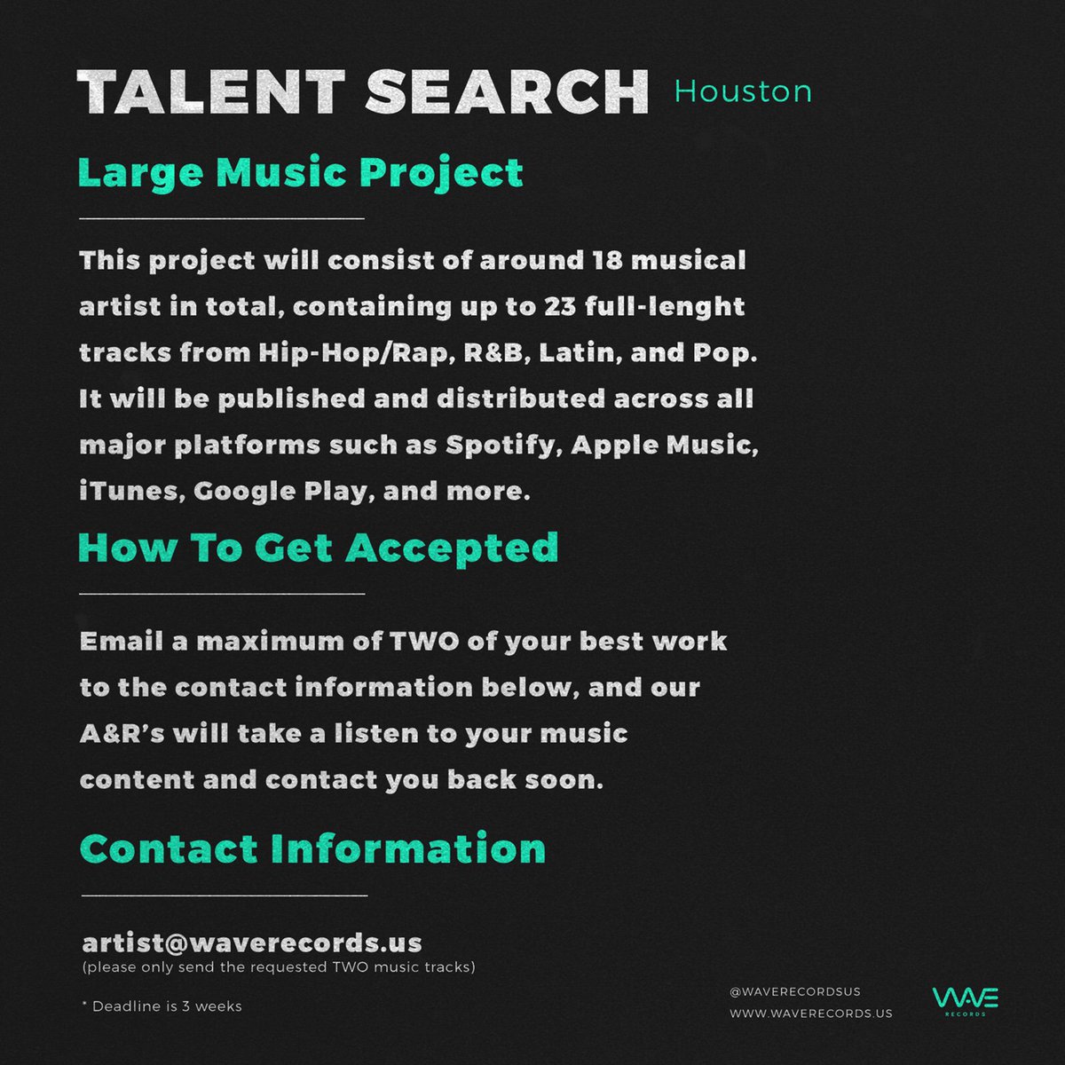 JTEKOfficial's tweet photo. If you, or somebody you may know has talent, tag below and email us to check out some new music. Deadline is in 3 weeks! https://t.co/nRghPYmprZ