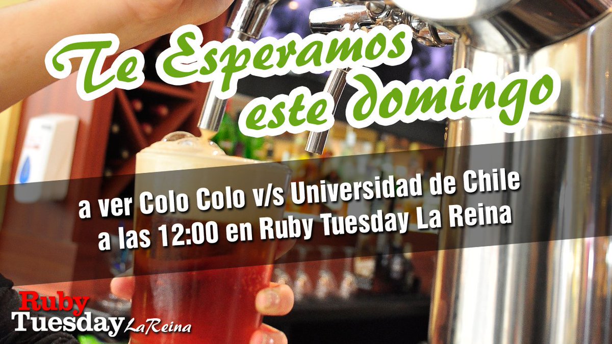 RubyLaReina's tweet photo. El clasico se ve en #RubyTuesdayLaReina ven a disfrutar con nosotros !!
#RTLR #FoodiesChile #UniversidadDeChile #ColoColo #Clasico #Futbol https://t.co/5C9Zqnc9wM
