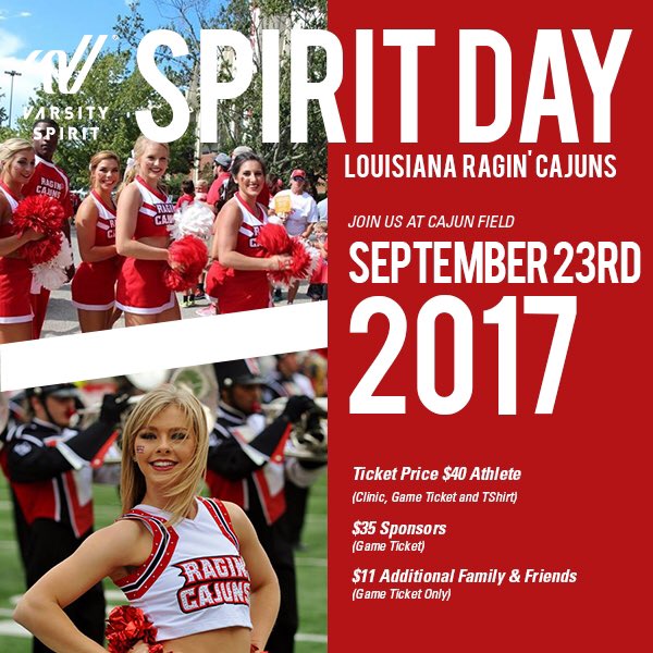Who's ready for spirit day with the Louisiana Ragin' Cajuns? Contact Paige Hall at phall@varsity.com to register for this awesome day!