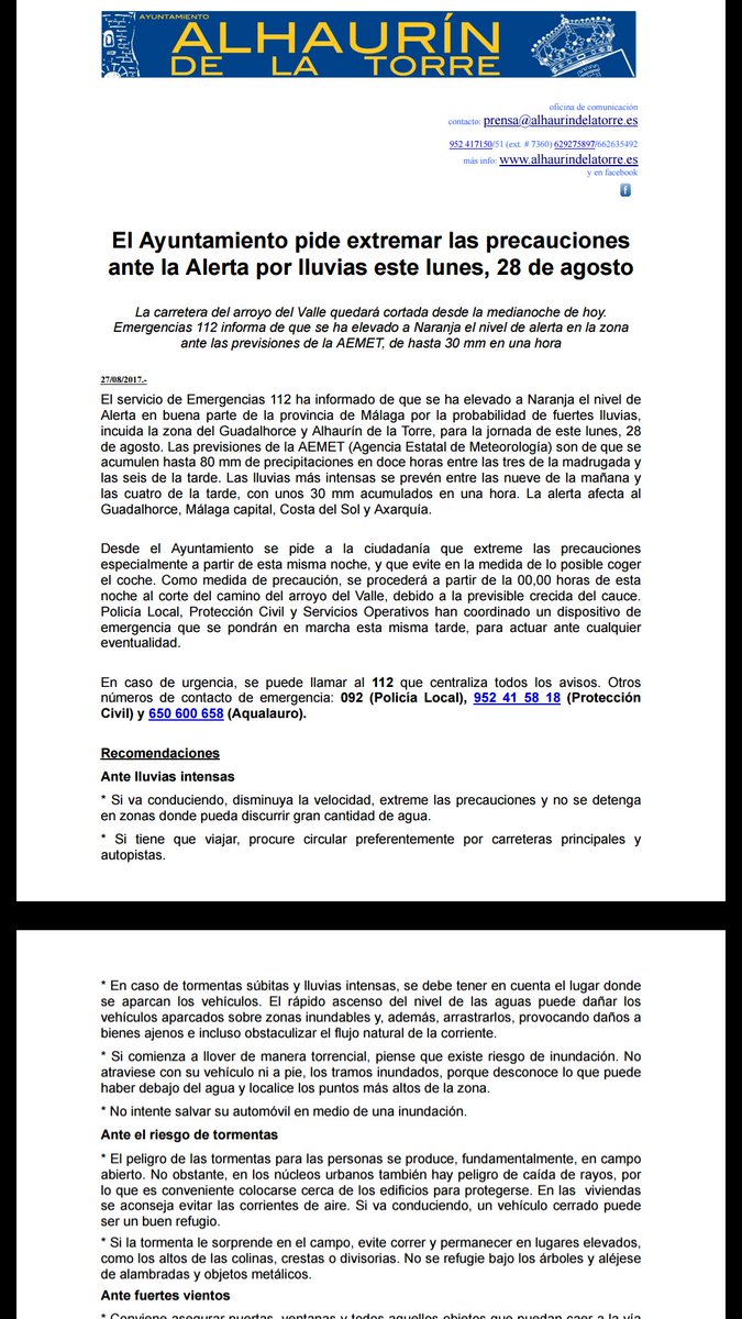 Comunicado oficial del ayuntamiento ante #AlertaNaranja x lluvias este lunes.Recordad qe el camino Valle permanecerá cerrado desde las 12 h