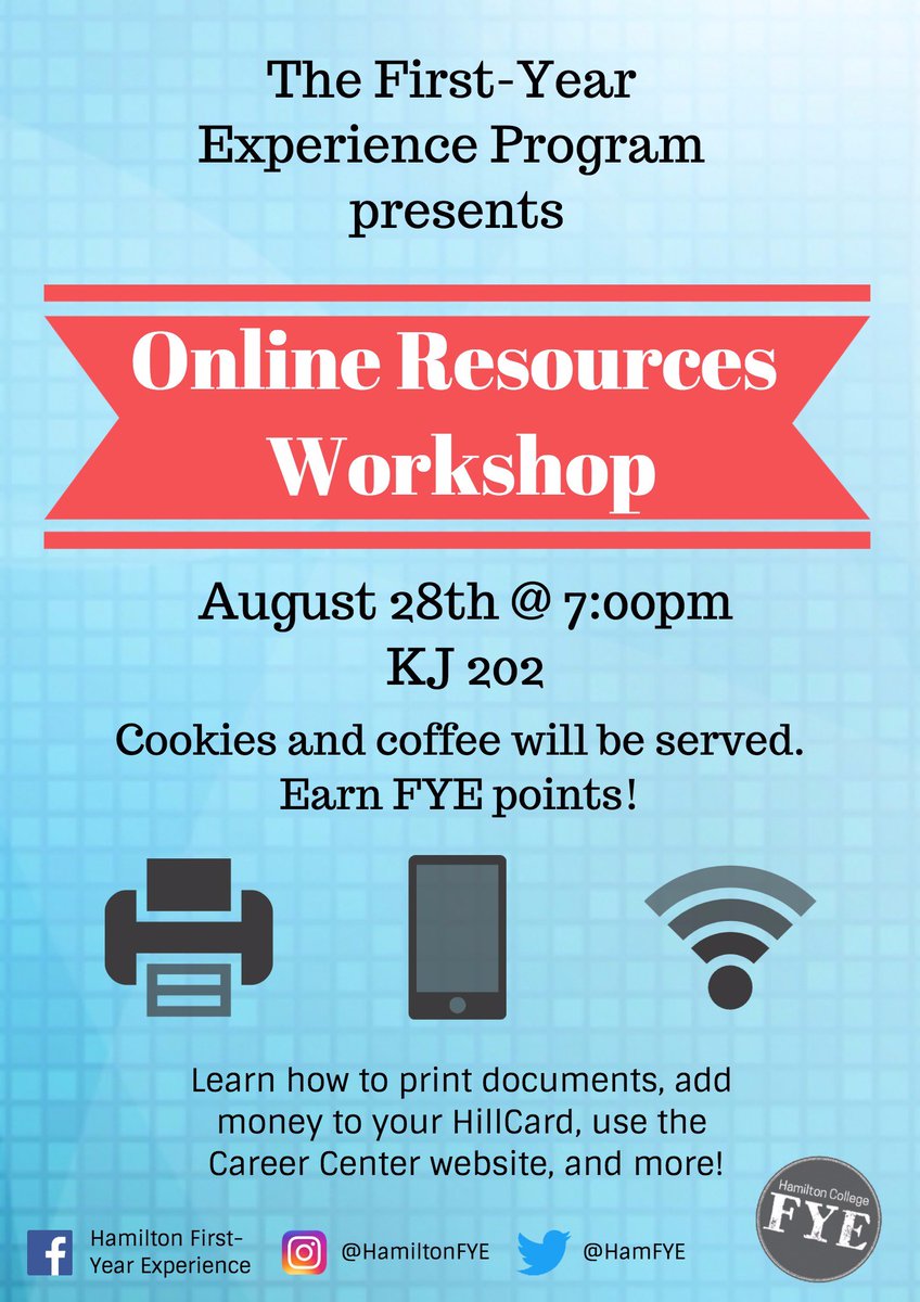 HamFYE's tweet photo. Come to our Online Resources Workshop tomorrow at 7pm in KJ 202 to learn about necessary online resources at Hamilton! #getscrolled https://t.co/SOsdj4YAGw