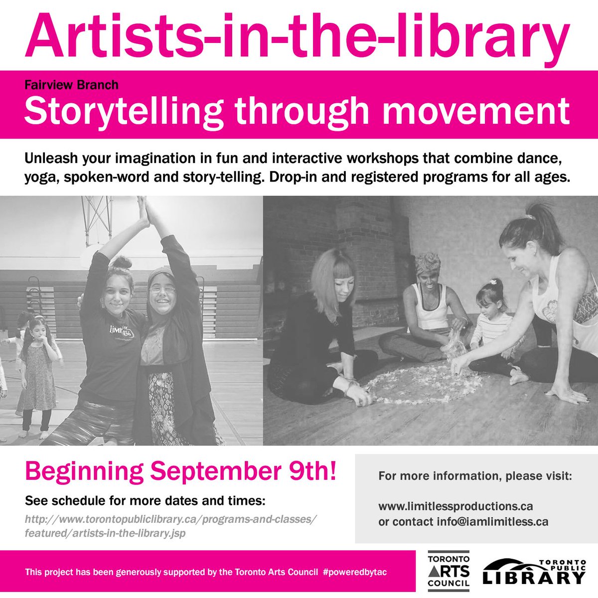 limitlessdancer's tweet photo. Artists in the library begins Sept 9th at the @torontolibrary Fairview Branch! Thank you @TorontoArts #poweredbytac @Ward33Team #dance #yoga https://t.co/f9CCqtozb4
