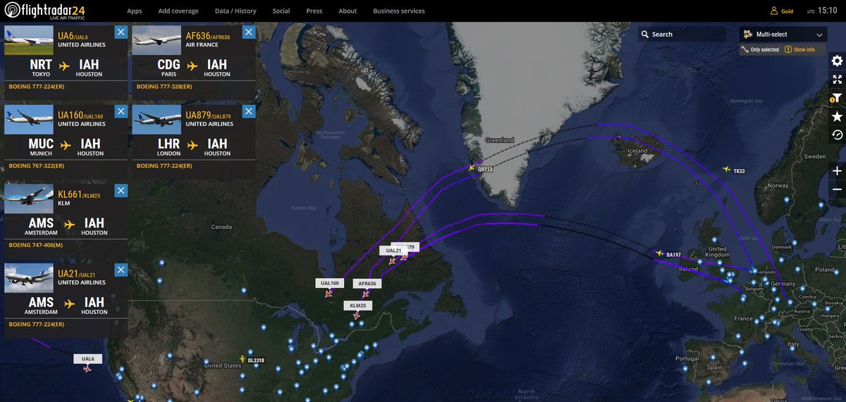 Many international #Houston bound flights diverting; #UA6 to SFO, #KL661 &amp; #AF636 to ATL, #UA160 to ORD, #UA879 to EWR, #UA21 to IAD.#Harvey