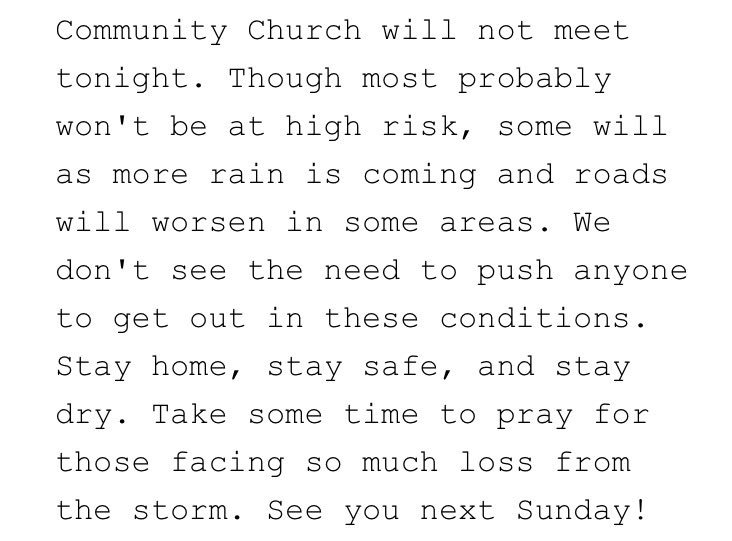 comchurch's tweet photo. Community Church will not meet today. Have a restful Sunday, and we'll see you next week! https://t.co/QZ7OZ3lH15