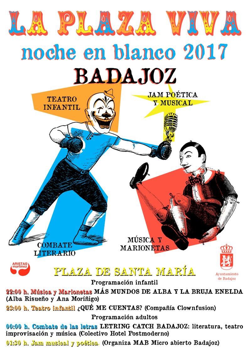aristasmartinez's tweet photo. #laplazaviva programación para @BadajozEnBlanco 02/09/17 👻🤡🎤🎹🎭💪👍👎🥊🏵💡👩🏻‍💻👨🏻‍💻#clownfusion #mundosdealba #letringcatch #hotelpostmoderno #mab https://t.co/7V9VDyALjc