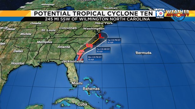 Potential Tropical Cyclone Ten is just off the coast of Georgia, likely to become tropical cyclone within 48 hours https://t.co/d9d9zY7xee