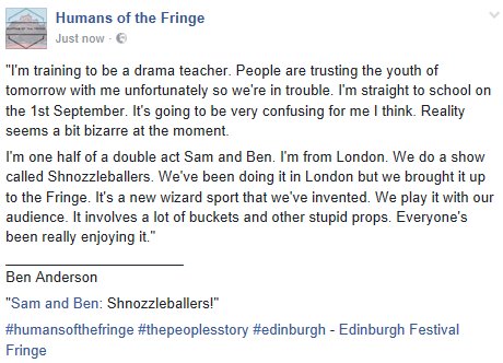 HOTF_EDINBURGH's tweet photo. Humans of the Fringe: The people's story. Ben Anderson - @SamandBenComedy #edfringe #sketchshow #teacher @Justthetonic https://t.co/WB8iK4SoJp