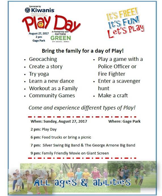 One hour until <a href="/KiwanisHamiltON/">Kiwanis Hamilton Inc</a> #PlayDay for kids &amp; families kicks off in #GagePark #HamOnt! Free fun continues w/<a href="/7SundaysInGage/">7SundaysInGagePark</a>. Come out!