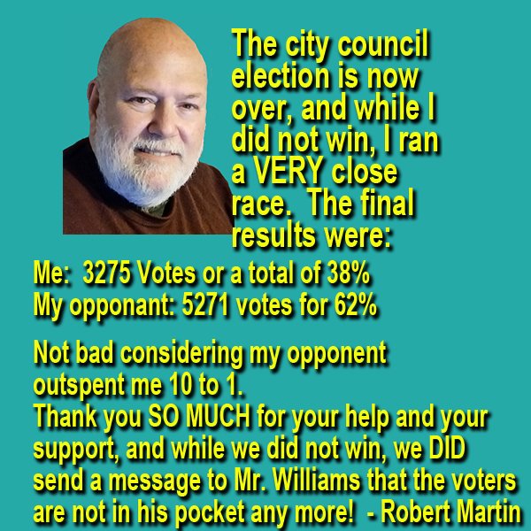 The OFFICIAL election results are in.  Thanks to all my supporters for their votes and help with the election. Please pass it on!