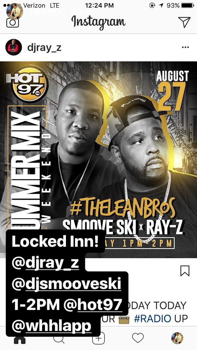 NOENYC's tweet photo. The word is out, tune into @HOT97 w/ #Leanbrothers @DjRay_Z @DJSMOOVESKI #nyc -Salute https://t.co/9kKpuw2US2