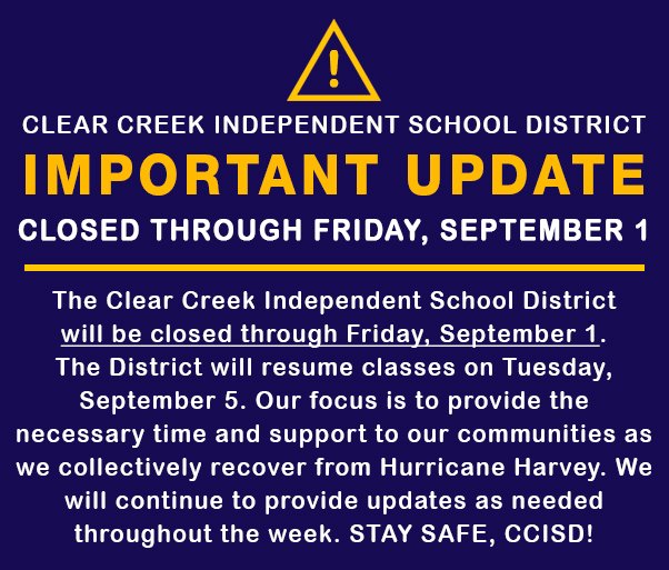 **UPDATE as of 12 p.m. on 8/27** Our thoughts are with you, CCISD family. #Harvey