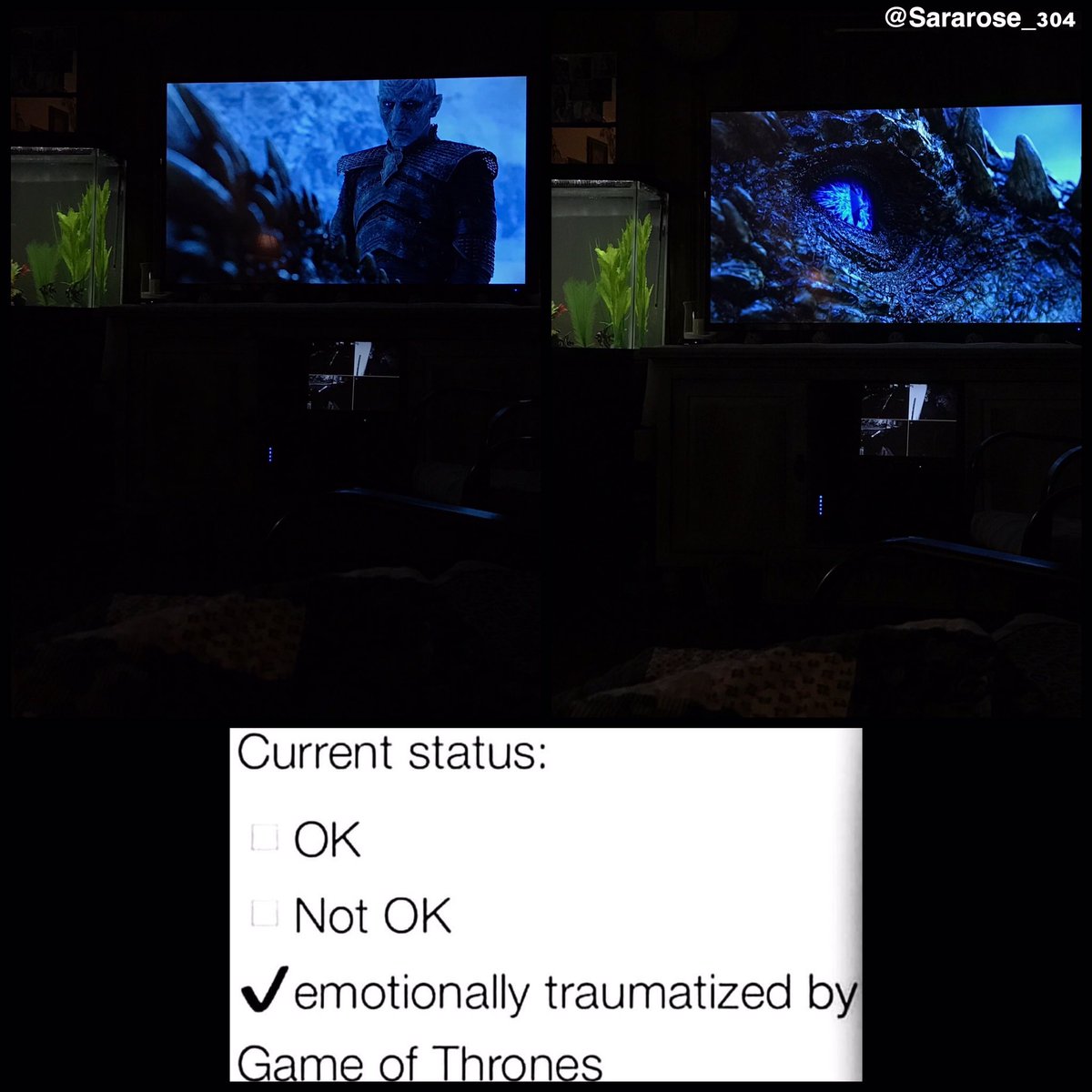 SaraRose_304's tweet photo. I can't believe tonight is the season finale! 🐲💀❄️🔥🗡 #mylivingroom #GameOfThronesFinale #gameofthrones #got #hbo #itsgoingdown #winterishere https://t.co/yq59iPaEaK