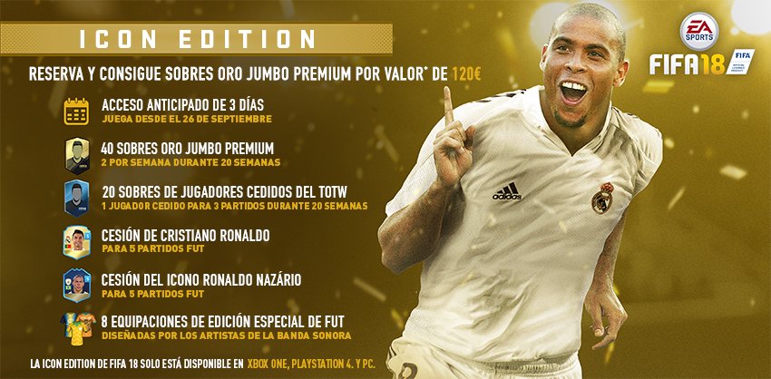 easportsfces's tweet photo. ✅40 sobres oro jumbo premium ✅ Cesión 5 partidos de @Ronaldo y de @Cristiano y... ¡muchos más! ¡Reserva ahora! https://t.co/DVfFakJvdJ https://t.co/bEYq1qM1Jh
