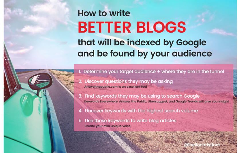 HelloChristineT's tweet photo. Write a better #Blog 4 #SEO #SocialMedia #ContentMarketing #DigitalMarketing #mysocialmediaclass @snouraini @answerthepublic @neilpatel https://t.co/sWFDXfueKv
