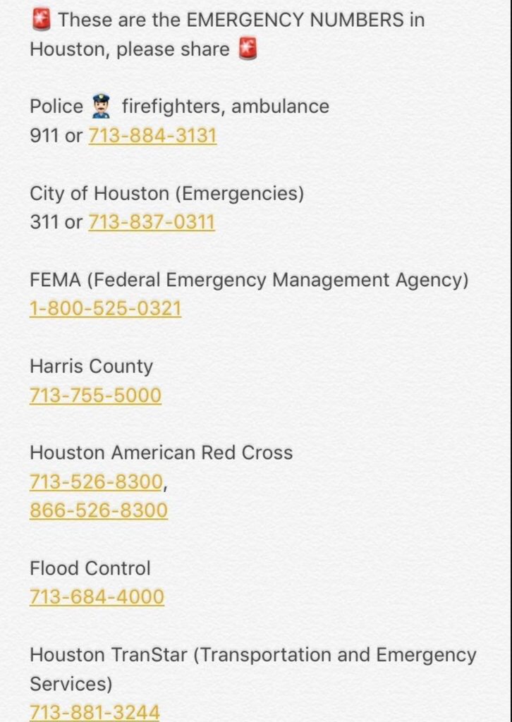 MostRetweets's tweet photo. Emergency numbers for #Houston. Please RT. #HurricaneHarvey #Harvey #MostRetweets https://t.co/KeB29SOIW9