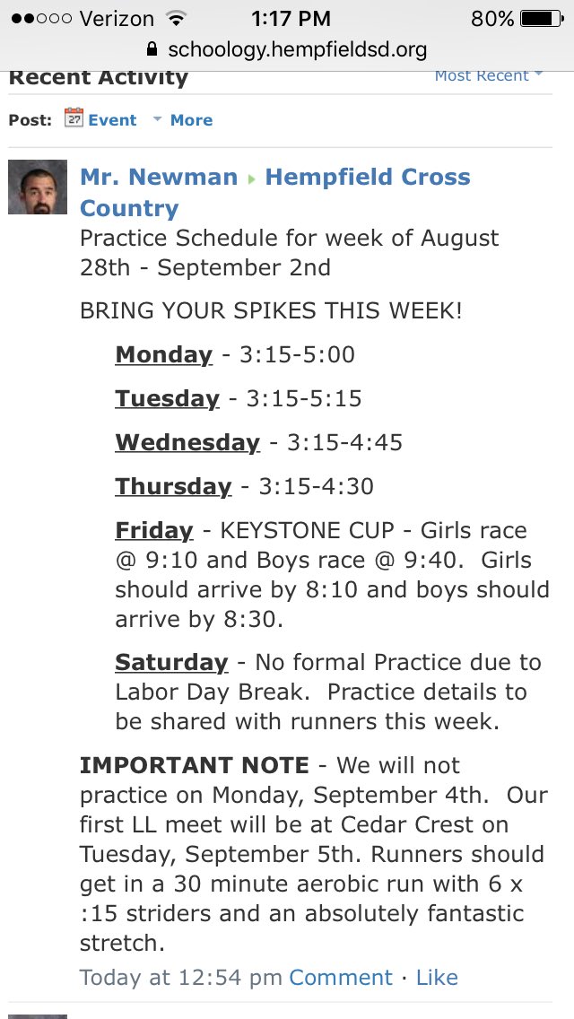 HempfieldXC's tweet photo. Practice schedule for this week: https://t.co/4A87SOI3Ai