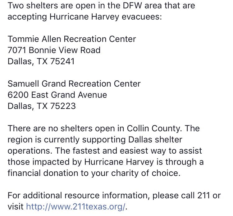 CityOfMcKinney's tweet photo. Two shelters are open in the DFW area. #harvey #Houston #HoustonFloods #TexasFlood https://t.co/f3bhTd7pEA