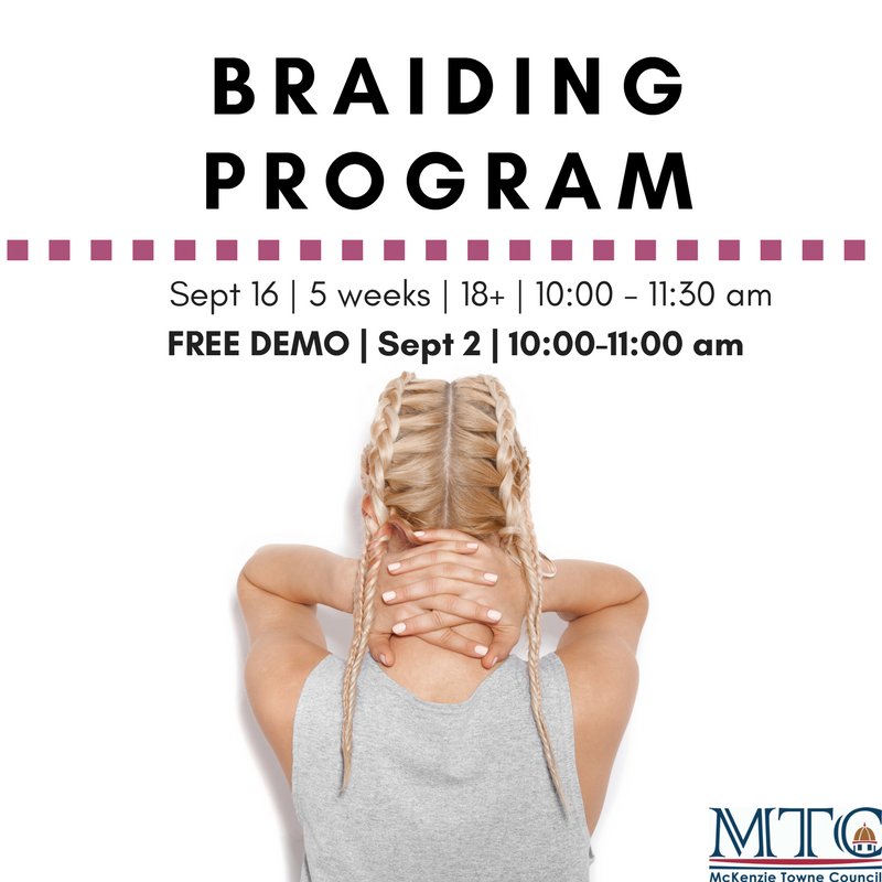 MTCouncil's tweet photo. Back to School Braids! Learn all the basics to get your braid on! Free class on Sept.2!
https://t.co/mXhCuBoX7o
#yyc #yycrec #yycbeauty https://t.co/14OI9NclgV