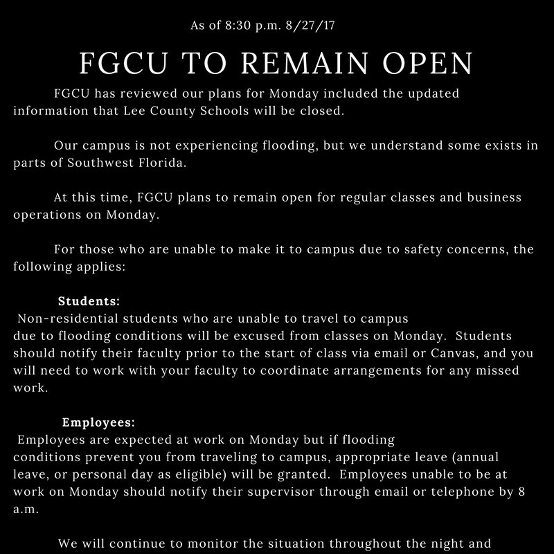FGCUPD's tweet photo. FGCU to remain open at this time. Monitor email and campus alerts for updates. Signup here: https://t.co/c4Zmyy4v57 #besafeeagles https://t.co/DzF7AyMi1d