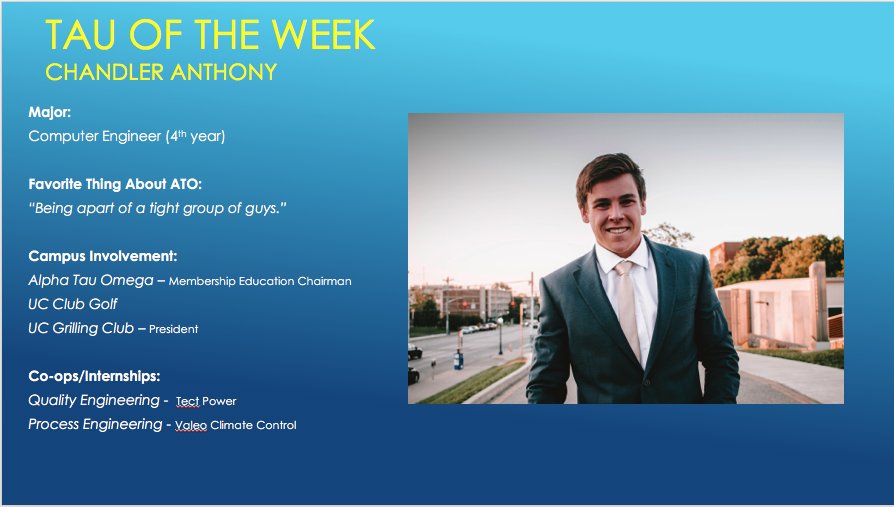 UC_ATO's tweet photo. Congrats to @CJ_Anthony1 on being this week's #TauOfTheWeek ! Keep up the good work Chandler! #ATOLeads #RushATO https://t.co/uXCa1r09N3