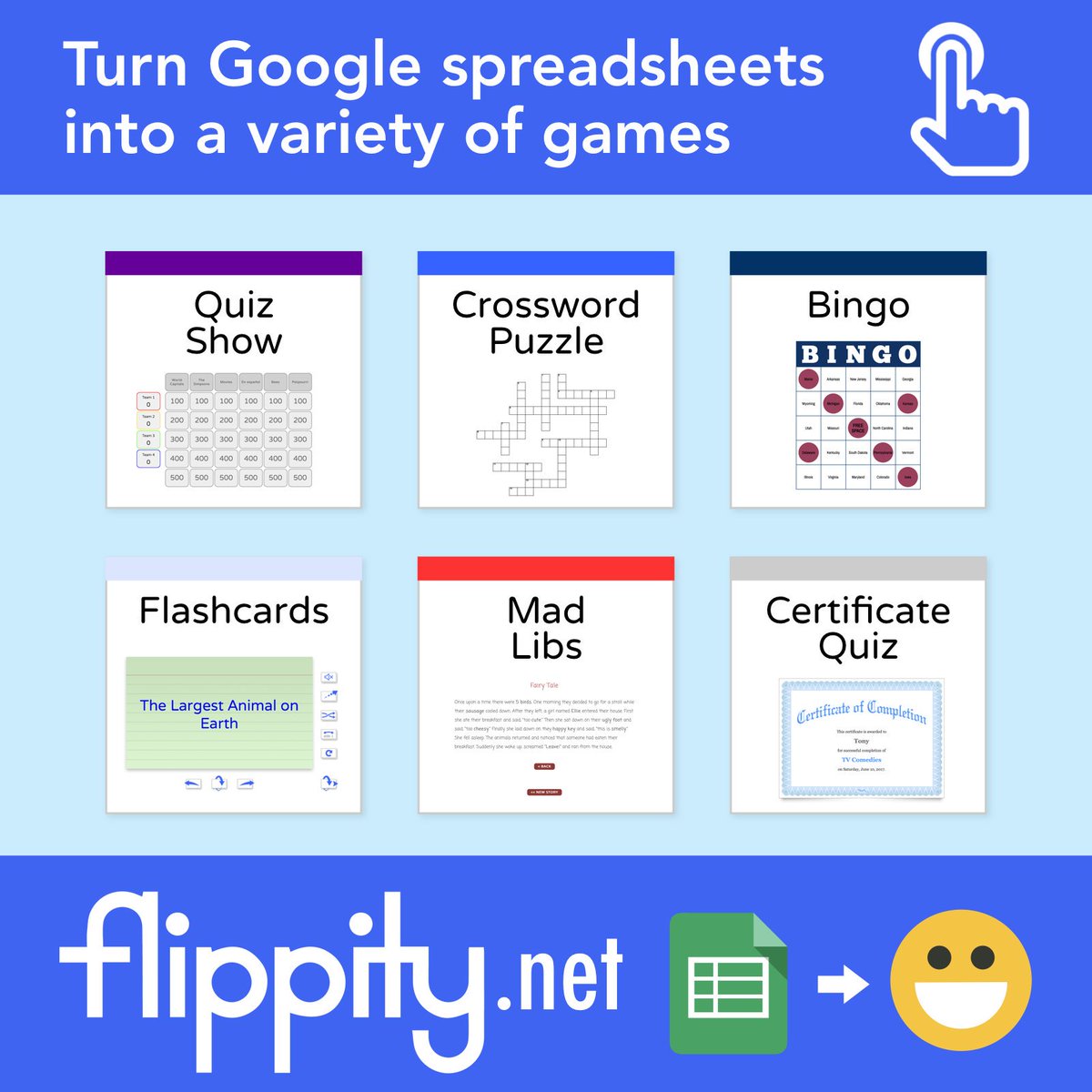 tonyvincent's tweet photo. 😄 Flippity is a series of online apps that uses what you enter into a Google Sheets template to make online games!
https://t.co/U4QAqWujz2 https://t.co/9nccSb0wYI
