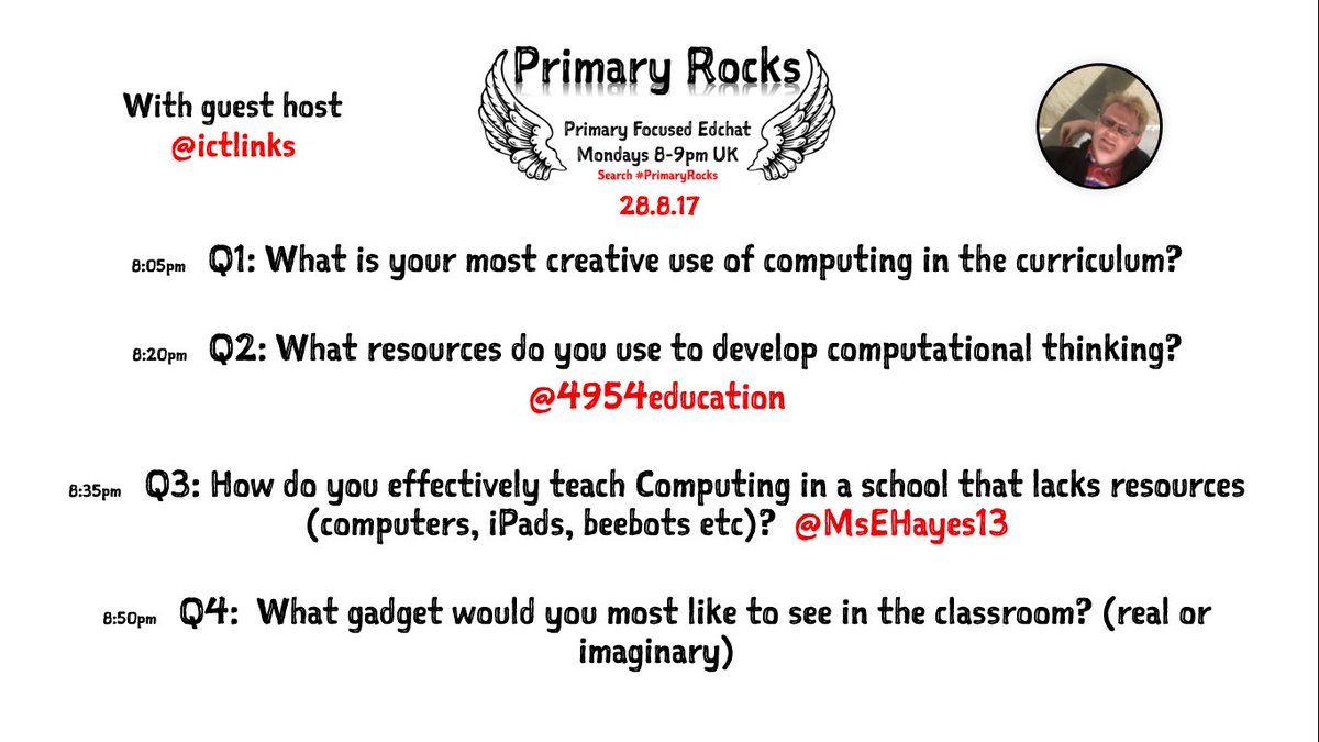 PrimaryRocks1's tweet photo. Final summer #PrimaryRocks guest host is @ictlinks with, youd never guess, a computing special!  Join us from 8pm tomorrow
@4954education https://t.co/yR2cn1ueYg