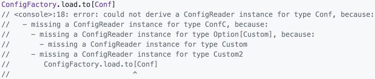 mapastr's tweet photo. #pureconfig 0.8.0 has experimental support for compile-time errors. You can enable it with "-Xmacro-settings:materialize-derivations" https://t.co/nnm2rQVrqq