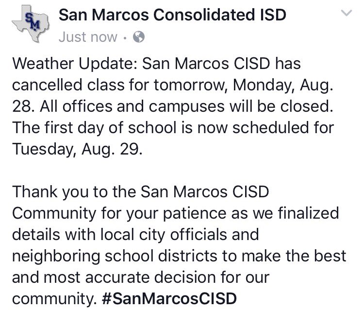 SanMarcosCISD's tweet photo. Weather Update: San Marcos CISD has cancelled school for tomorrow, Aug.28. All offices and campuses will be closed. #SanMarcosCISD https://t.co/7ftt5Gr0vV
