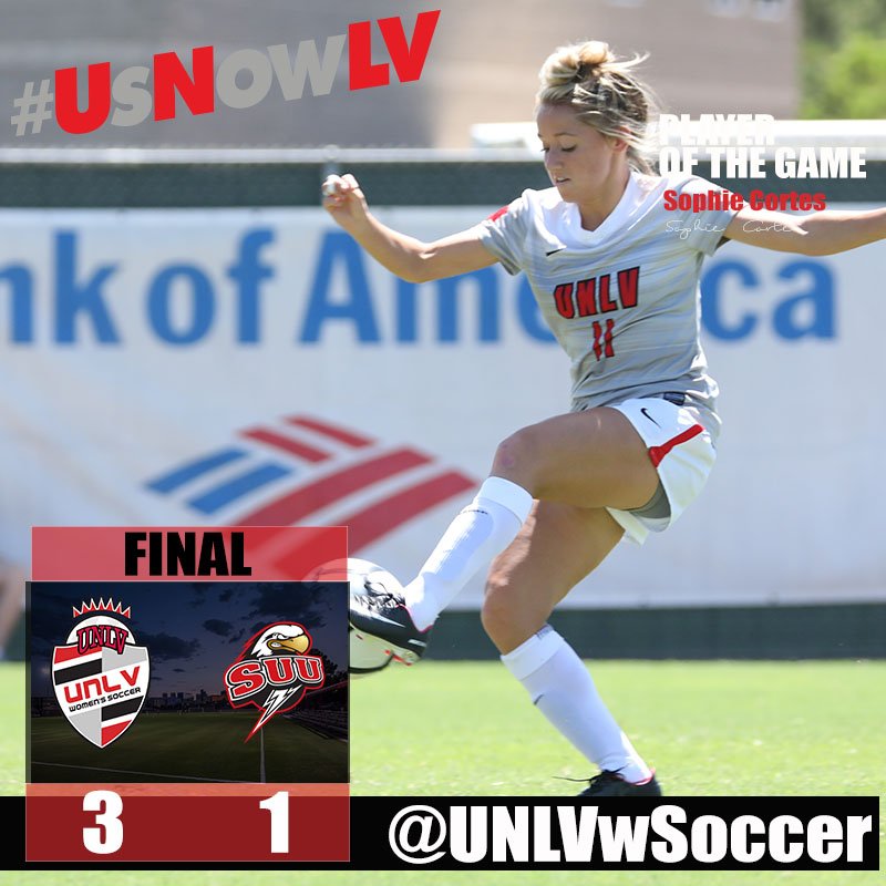 UNLVwSoccer's tweet photo. That's it! Rebels move to 4-0 on the season w/ the 3-1 win over @SUUSoccer! @sophiecortesss is our Player of the Game w/ 2 goals! #UsNowLV https://t.co/Cs5nNsktxY