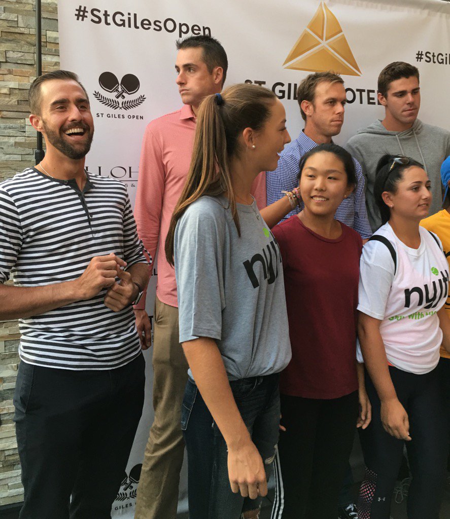 GraceNY's tweet photo. US pro tennis men's basketball team?(r to l) Reilly Opelka, Sam Querrey, John Isner, Steve Johnson #StGilesOpen https://t.co/Is8PxI6QXT