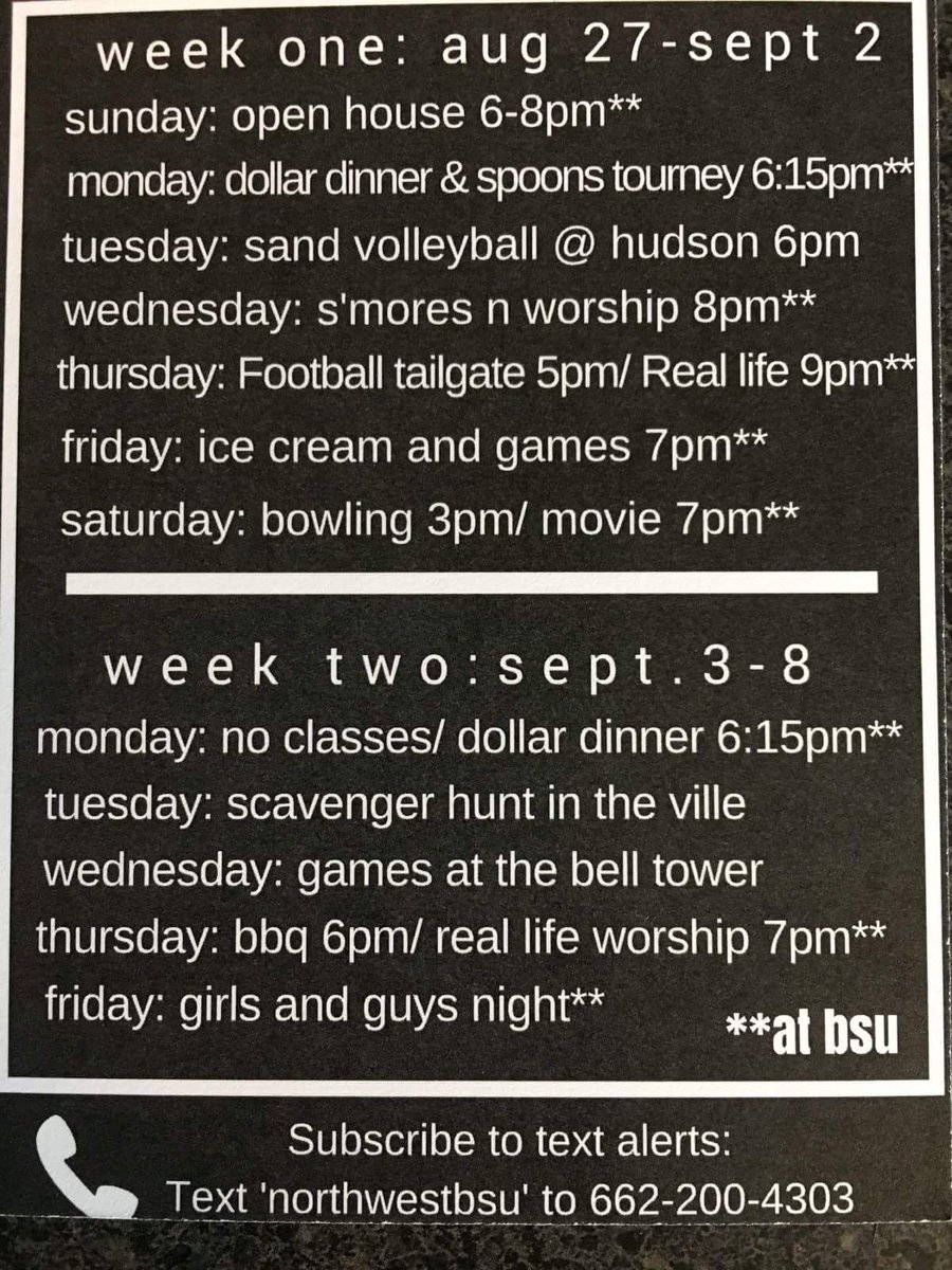 nwmsulighthouse's tweet photo. Welcome back Bearcats!! The BSU has a lot of events this week; check them out below! https://t.co/rYxYBBFeMl