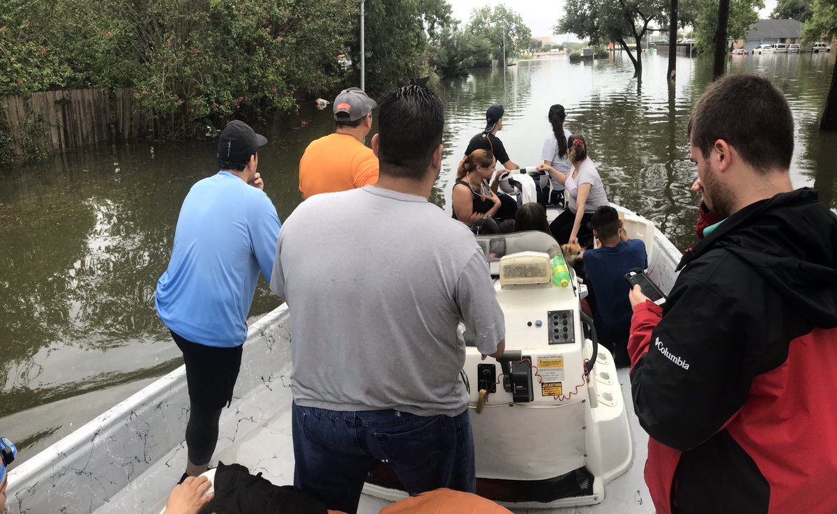 The boat is full... the Gonzales family just rescued their 9th family of the day #KHOU11 #StandingforHouston