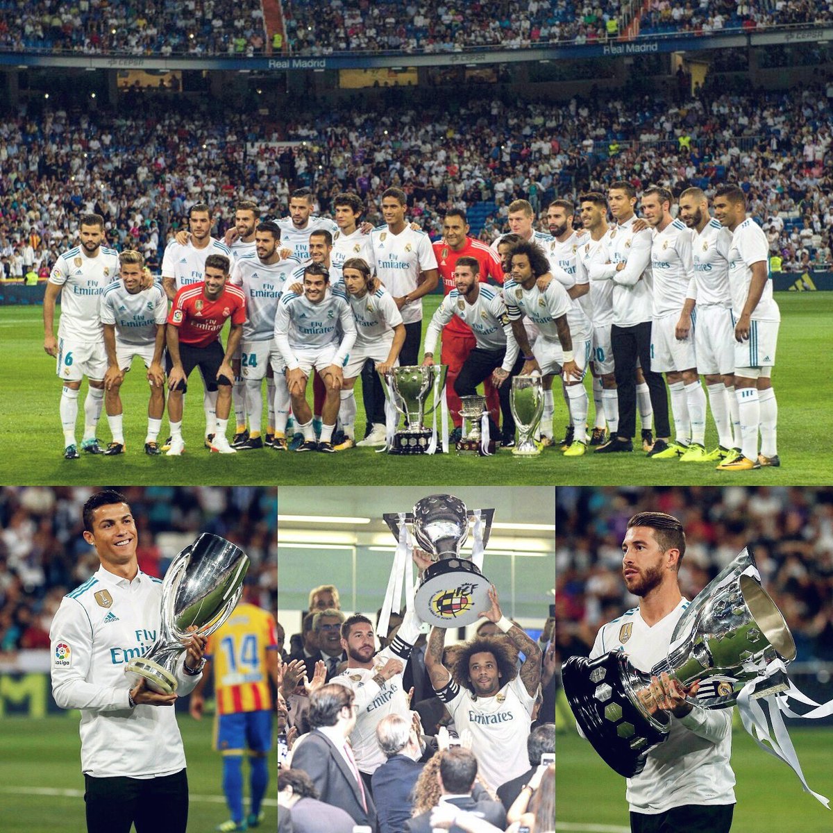 Halamadridstore's tweet photo. 📷 Skuad Madrid mempertunjukkan Trophy La Liga, UCL, Super Eropa dan Super Spanyol jelang kick off laga vs Valencia.

#HalaMadrid #RealMadrid https://t.co/hIkkeGBulS