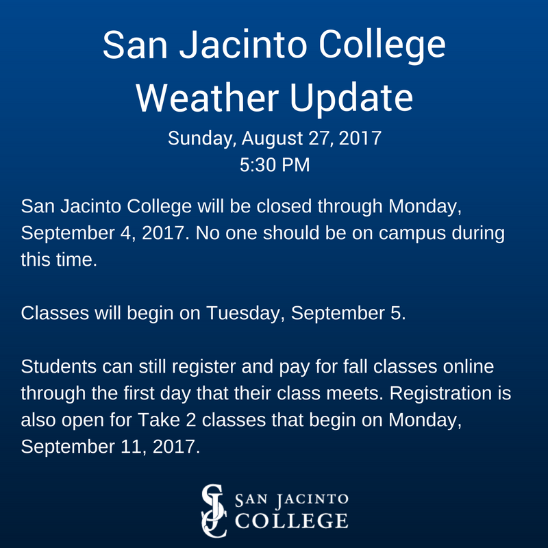 SanJacCollege's tweet photo. We want to allow time for our students, employees and communities to recover from Tropical Storm Harvey. See you September 5. #sanjaccollege https://t.co/3oYbtV3bPi