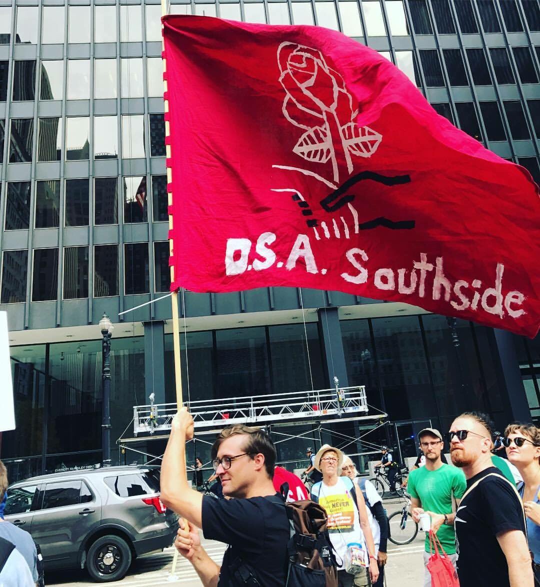 .@ChicagoCityDSA lookin good at today's march in solidarity with Berkeley's anti-fascist march. (Photo by <a href="/waleetacanon/">Waleeta Canon</a>)