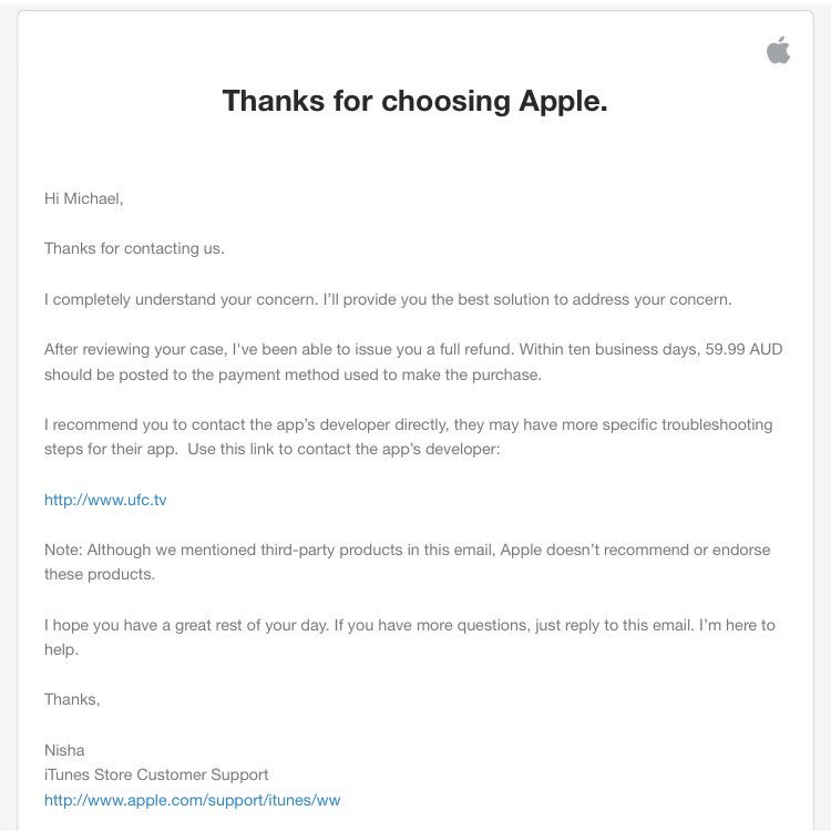 micagnew4's tweet photo. Anyone looking to get their refund from @UFCFightPass for yesterday's fight, contact apple here https://t.co/bdx7jltAN9 #UFCrefund #ufc https://t.co/sL4IrtwgGt
