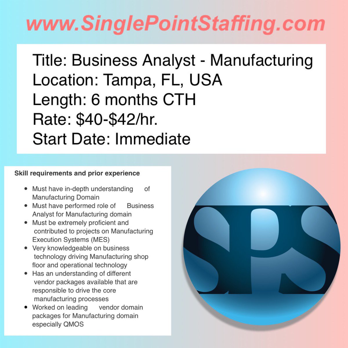 TheSinglePoint's tweet photo. Business Analyst #job: #Hiring in #Tampa, #FL. #Tech #gig requires #QMOS, #UAT Testing & #MES skills. #ApplyNow https://t.co/KbwnAOkdfc https://t.co/c5IvKPPyM5