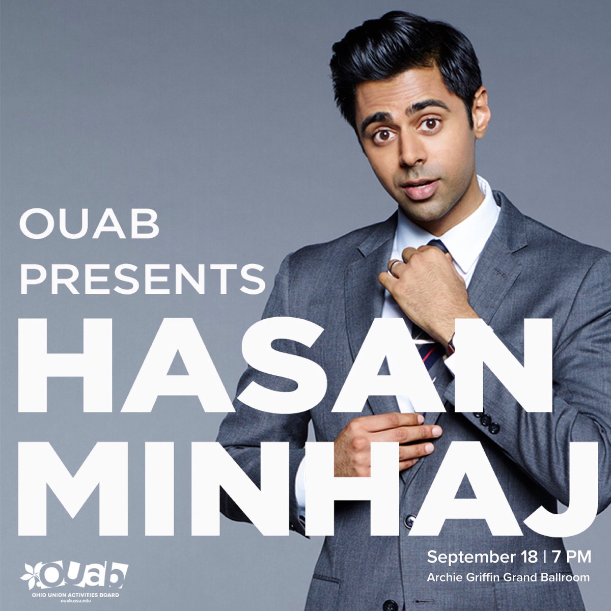 OUAB's tweet photo. REMINDER: Tickets for Hasan Minhaj will be available at the Ohio Union Info Desk tomorrow at 5PM! https://t.co/UQI0KPIJgK