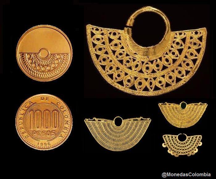 MonedasColombia's tweet photo. Moneda de 1.000 Pesos, año 1996 Imagen de una Orejera de oro, pieza de orfebrería de la Cultura Sinú.
Se retiró por su masiva falsificación. https://t.co/dOvsDv4ODb